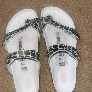 Birkenstock White Sandals with Green Patterned Straps